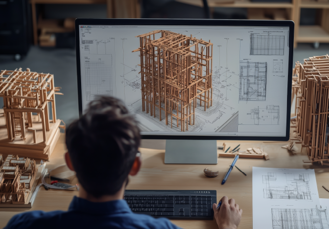 設計模型をパソコンで確認する男性