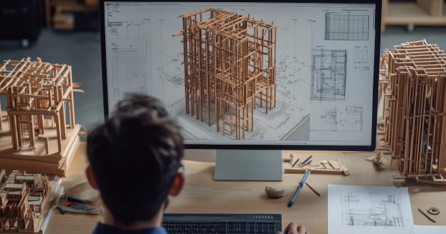 設計模型をパソコンで確認する男性